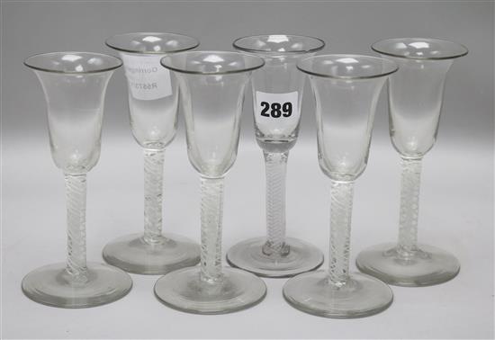 A set of 6 wine glasses, with bell shaped bowls and opaque twist stems 15cm